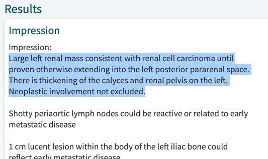 CT scan test results listing that a renal mass had been found.